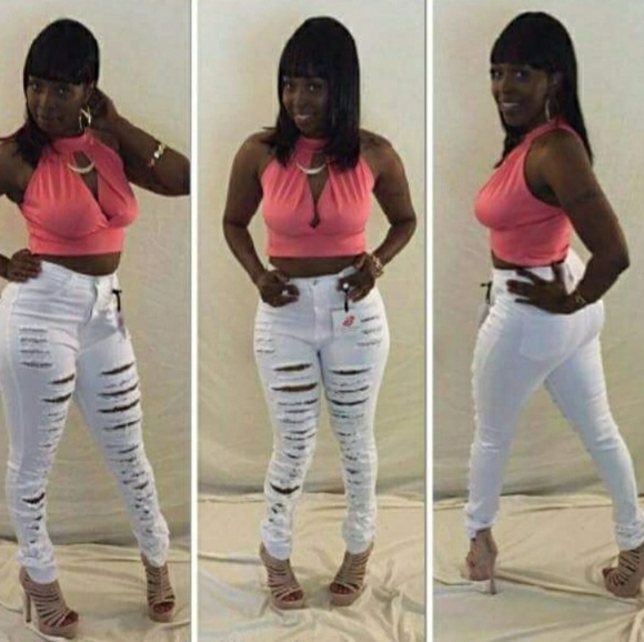 GJG DENIM High Waisted Destroyed White Denim Jeans - Picture 6 of 11